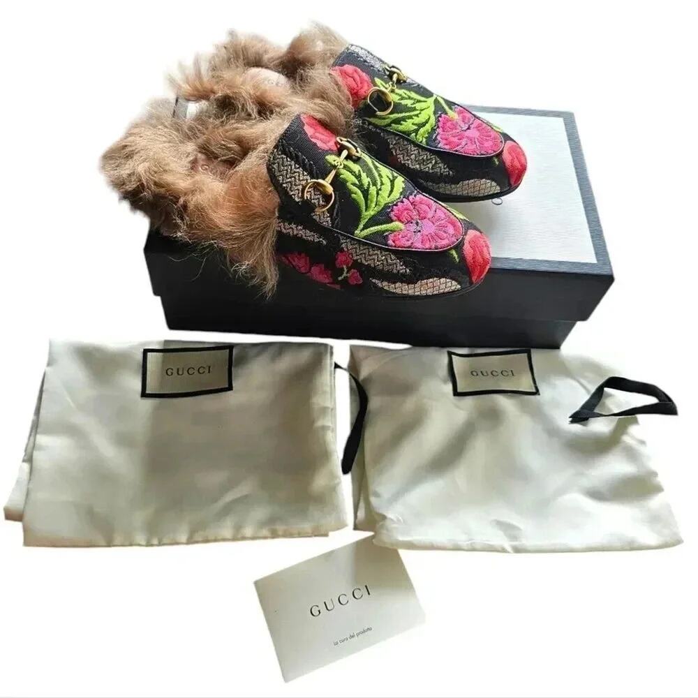 GUCCI Black Floral Brocade Jacquard‎ FUR Princetown Slippers Loafers Size 5.5
